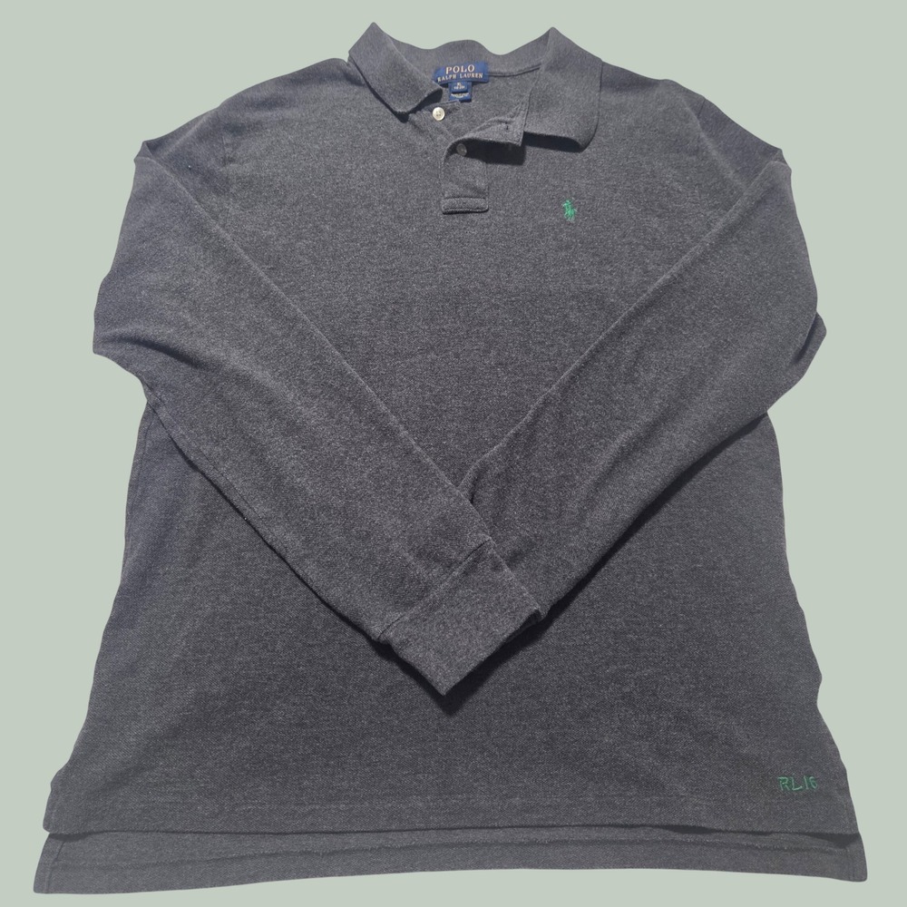 Polo Ralph Lauren Mens XL Charcoal Grey Long Sleeve Pique Polo Shirt RL16 Logo - Picture 2 of 10